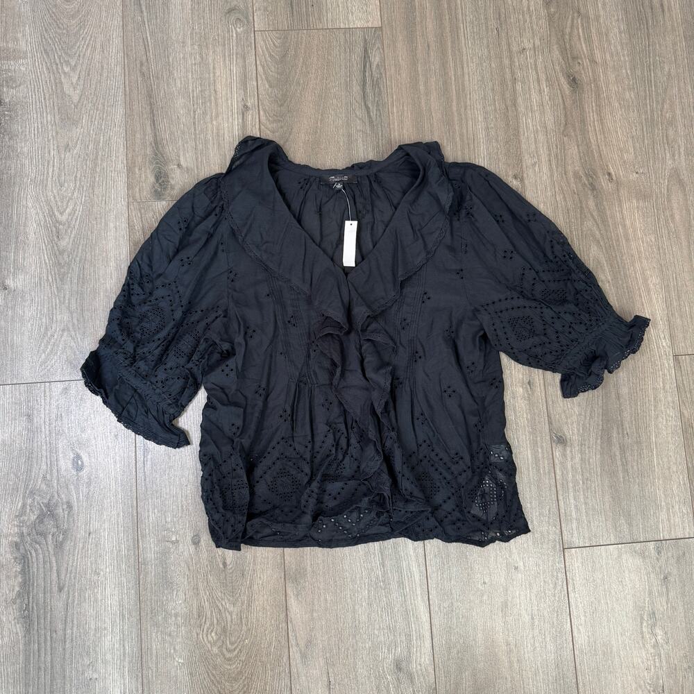 Madewell Ruffled Puff-Sleeve Top WMNS M Black Pintuck Lace-Trim V-Neck Button Up - Picture 4 of 9